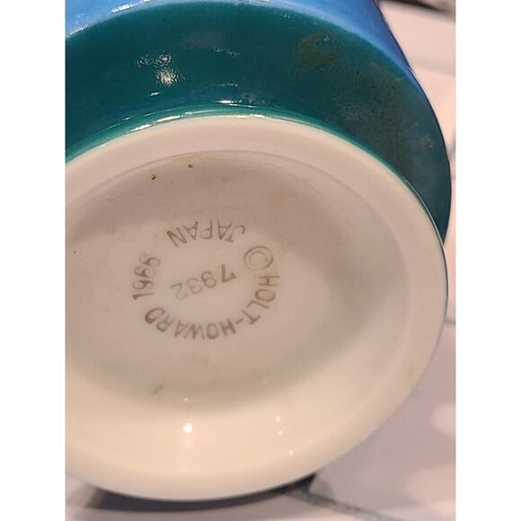 HOLT-HOWARD 1966 Striped Set Of 2 Porcelain Mugs Handles Footed Blue Orange EUC - Picture 8 of 13